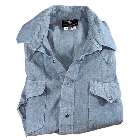 Vintage Flying R Ranch Wear Shirt Mens 17 Blue Blue Pearl Snap Western USA‎ - Picture 9 of 9